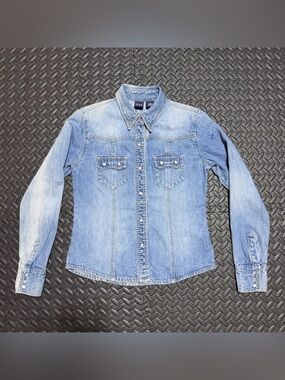 GAP Pearl Snap Denim Button Down Shirt Long Sleeve Western Front Ombre Womens XS